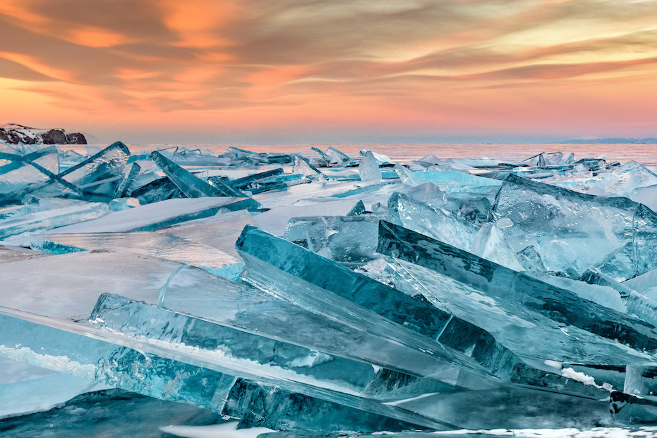 Baikal ice on sunset