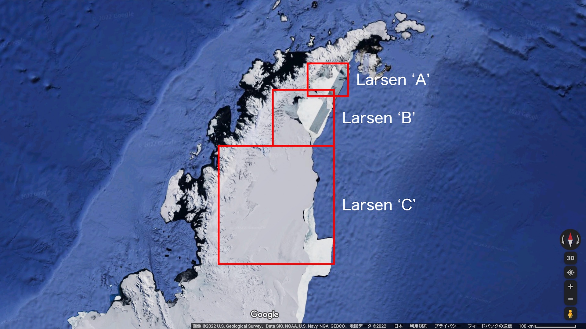ラーセンA、ラーセンB、ラーセンC棚氷のおおよそのエリア