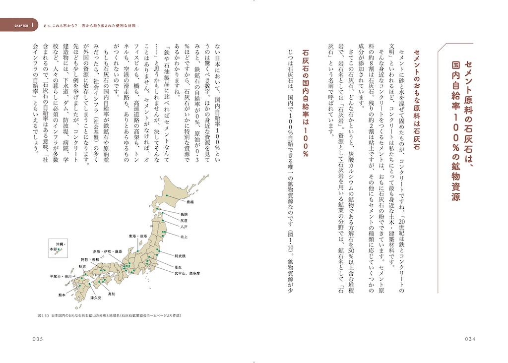 石灰石は国内自給率100パーセントの鉱物資源（渡邉克晃『身のまわりのあんなことこんなことを地質学的に考えてみた』より）