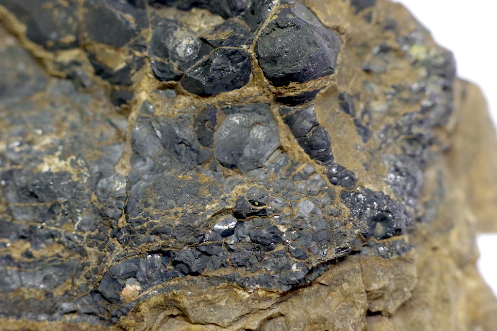 チェコ共和国産のウラン鉱石。黒色の部分が瀝青ウラン鉱。