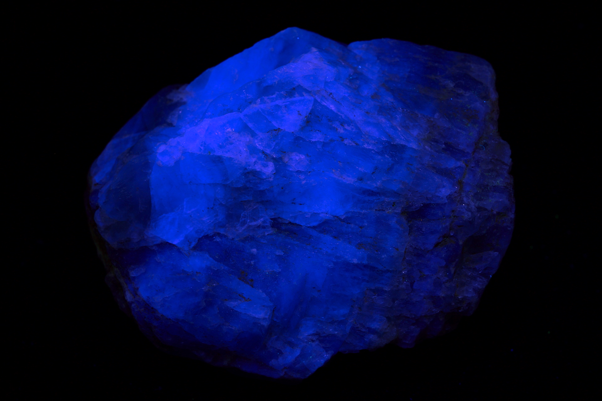 紫外線ライトによる蛍石の発光現象 Fluorescence of fluorite by UV light（産地：中国 China／2021年撮影／標本の幅：約8cm）