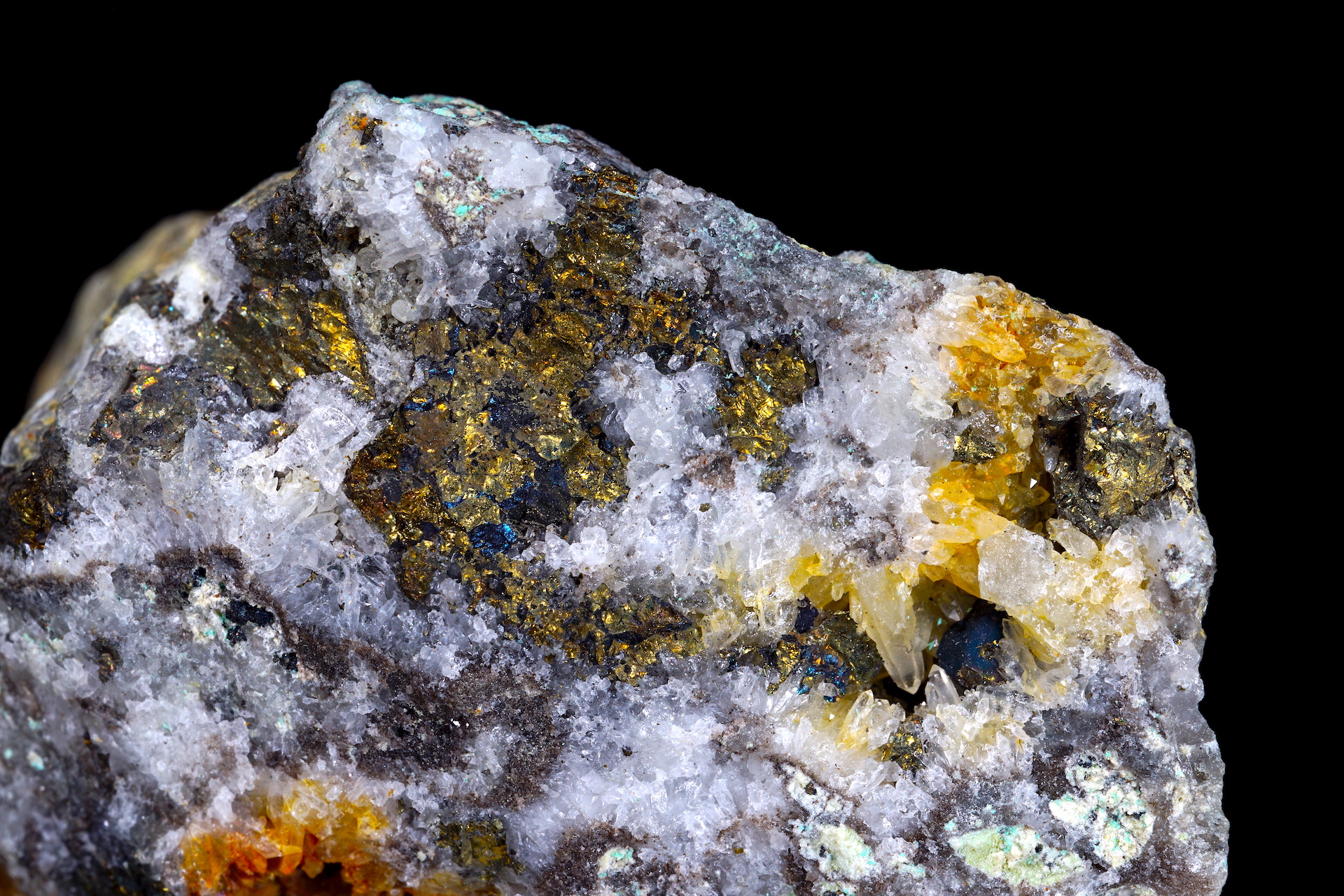 黄銅鉱 Chalcopyrite, Ashio Copper Mine, Tochigi Pref.（栃木県日光市足尾町／2021年撮影／撮影範囲：左右4.1cm）